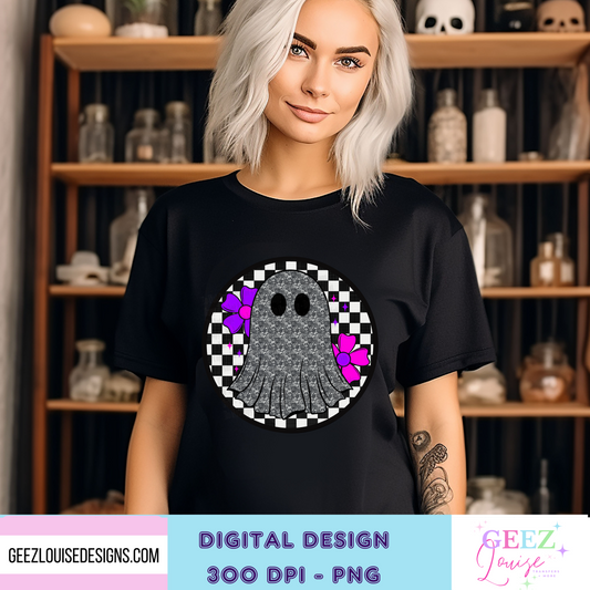 Lacey Ghost with neon flowers  and checkerboard Halloween - Digital Download- PNG