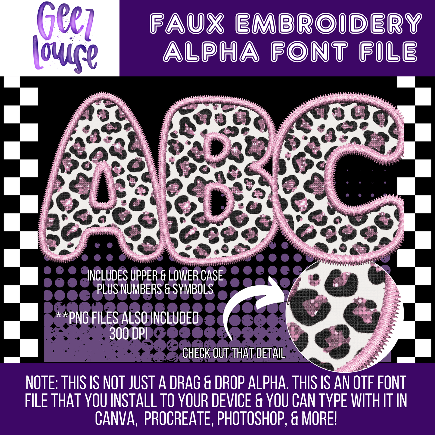 Pink Leopard - Typeable font- Faux Embroidery- Alpha Set- Digital Download- PNG -OTF