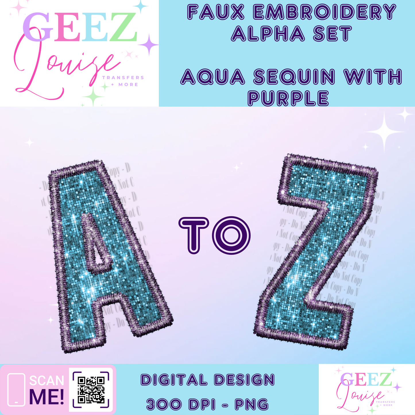 Aqua sequin purple faux embroidery alpha set - Digital Download- PNG