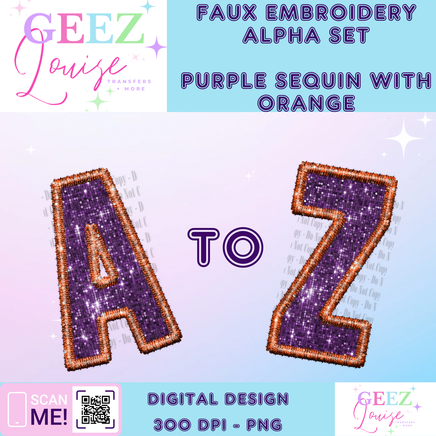 Purple sequin orange faux embroidery alpha set - Digital Download- PNG