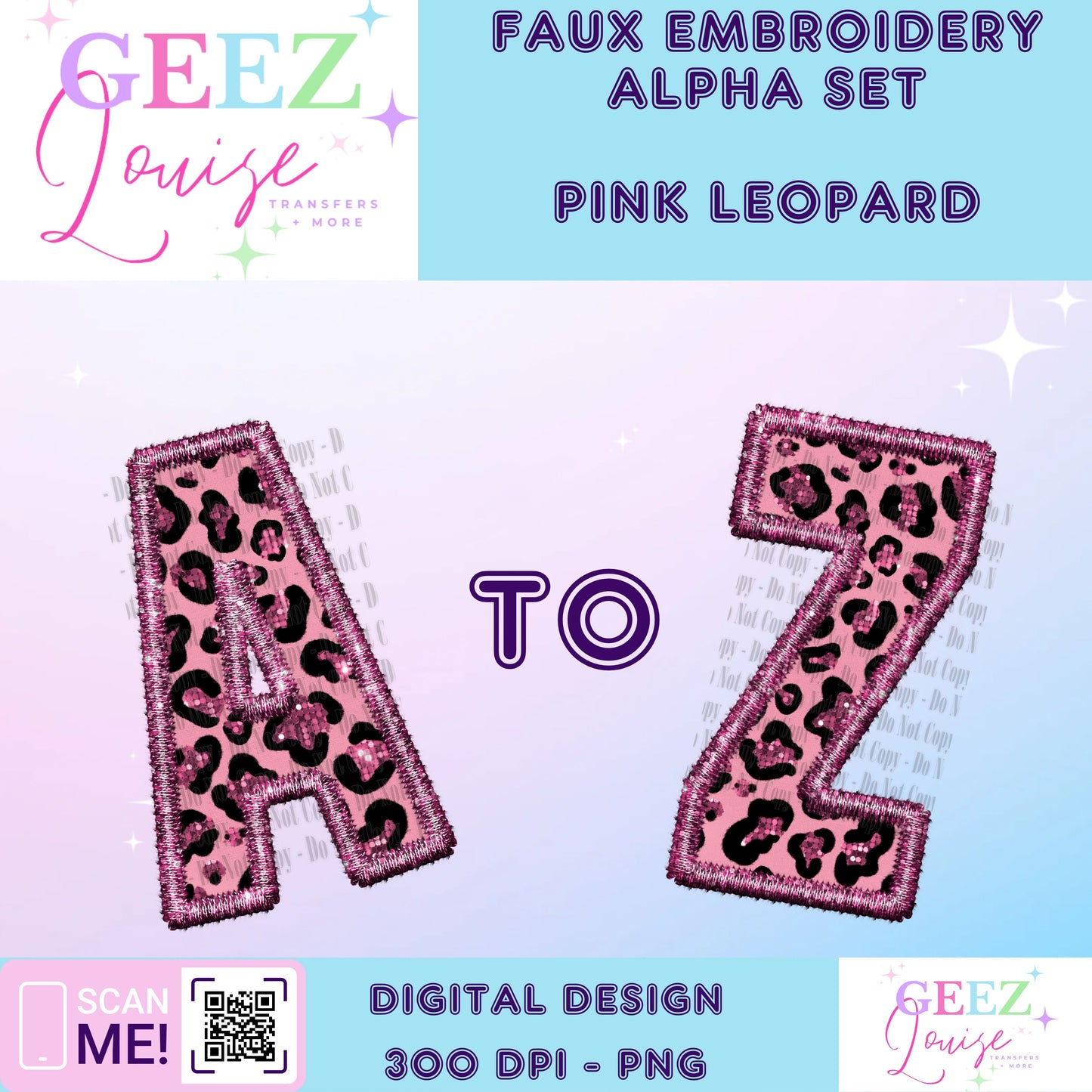 Pink leopard faux embroidery alpha set - Digital Download- PNG