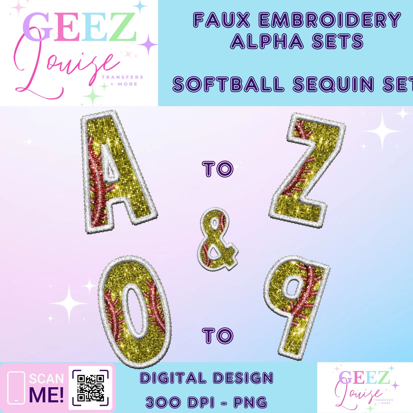 Softball sequin faux embroidery alpha set - Digital Download- PNG