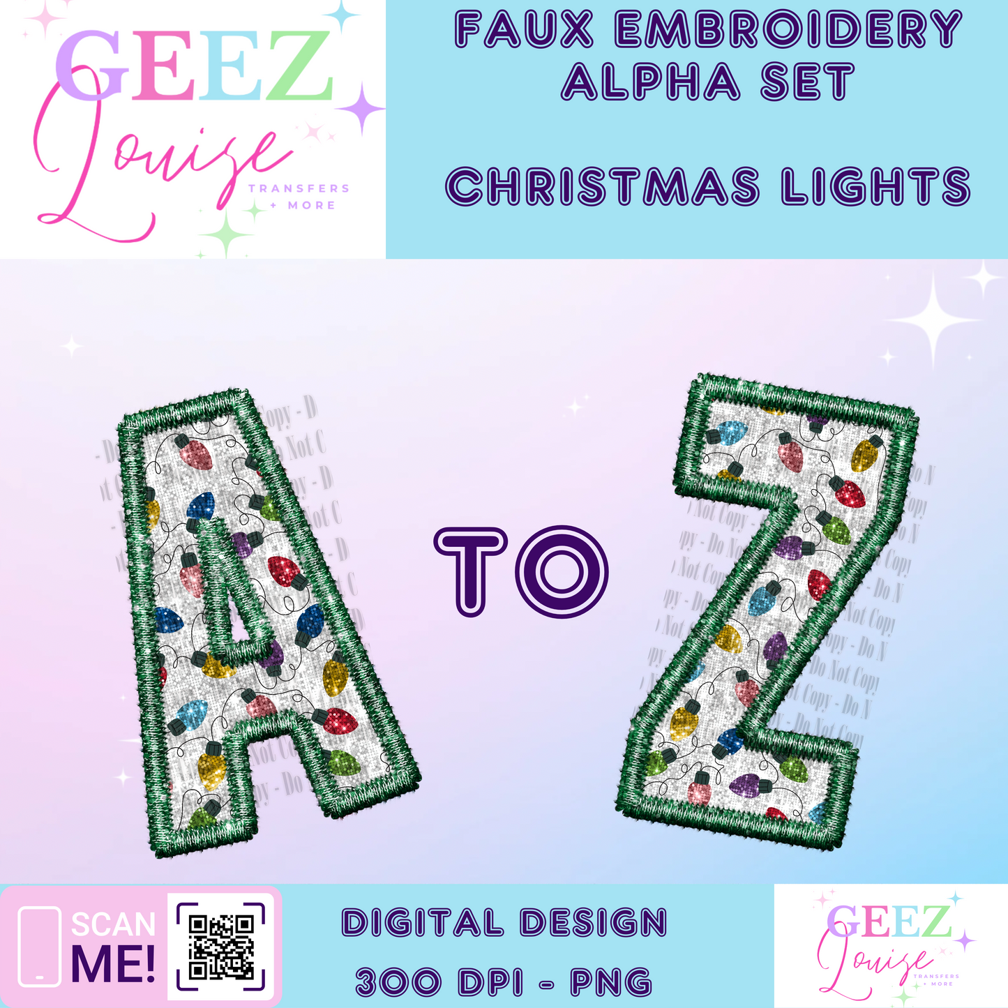 Christmas lights faux embroidery alpha set - Digital Download- PNG