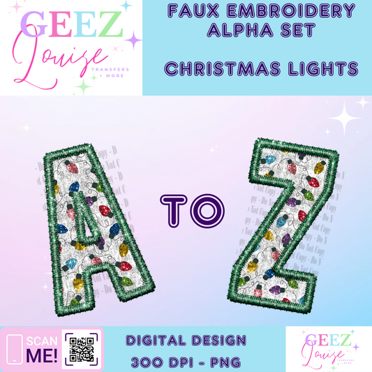 Christmas lights faux embroidery alpha set - Digital Download- PNG