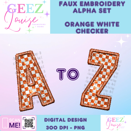 orange white checkerboard sequin faux embroidery alpha set - Digital Download- PNG