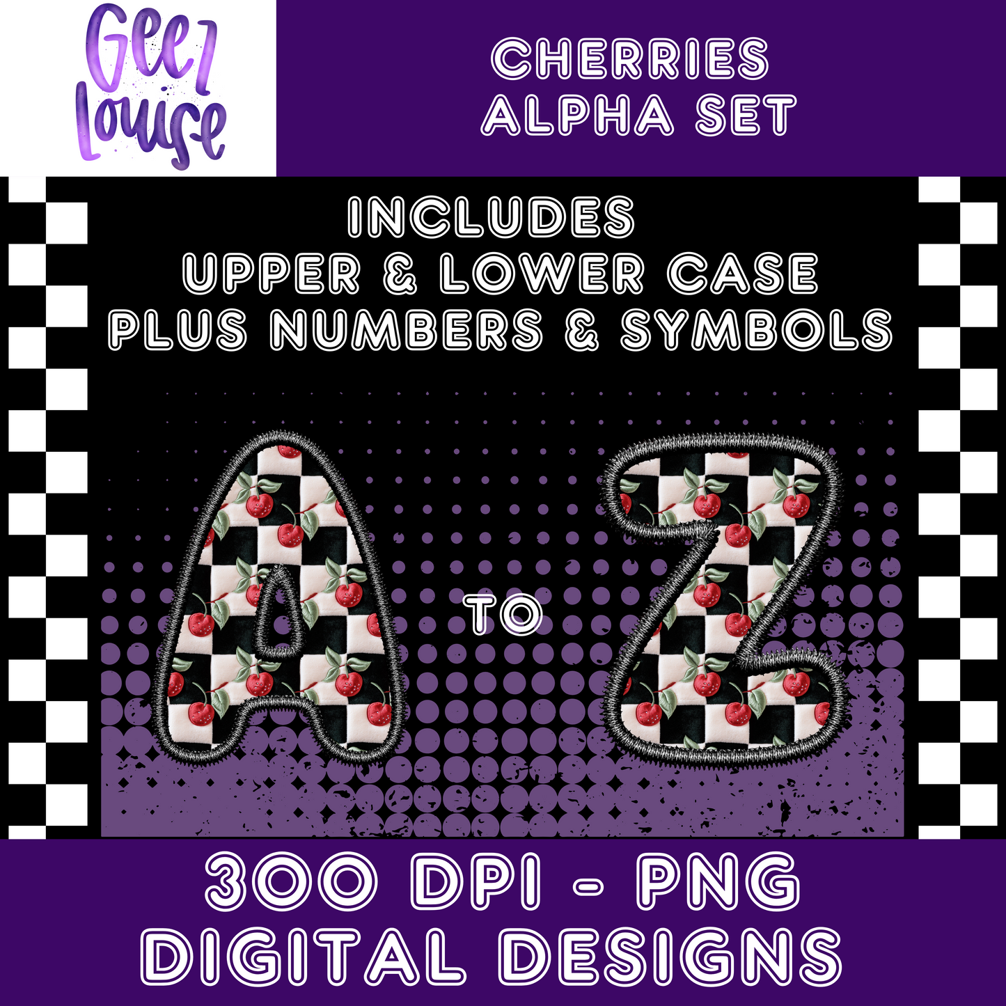 Checkerboard Cherries - Faux Embroidery- Alpha Set- Digital Download- PNG