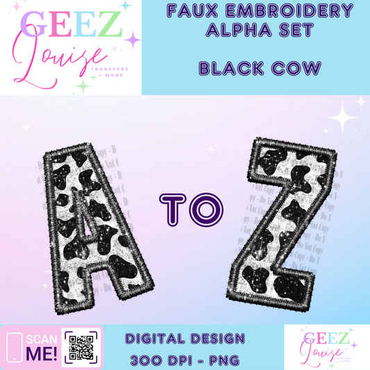 Cow (black and white) sequin faux embroidery alpha set - Digital Download- PNG