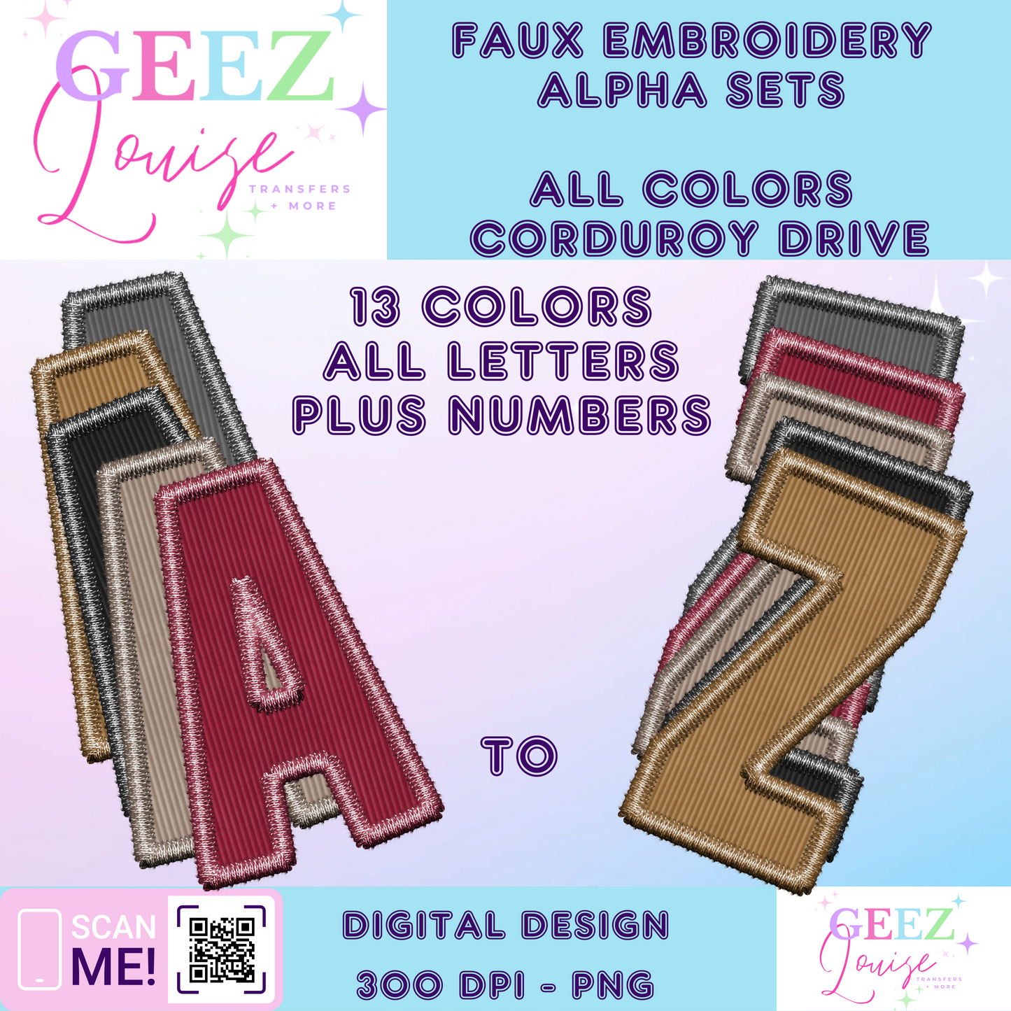 ALL faux embroidery faux corduroy alpha sets - Digital Download- PNG