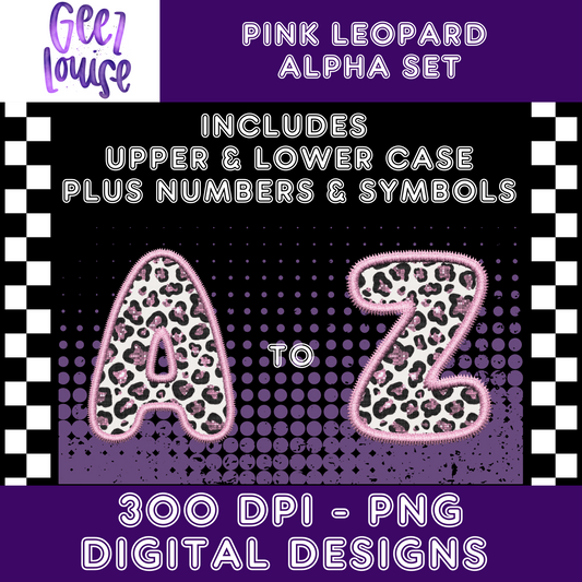 Pink Leopard - Faux Embroidery- Alpha Set- Digital Download- PNG