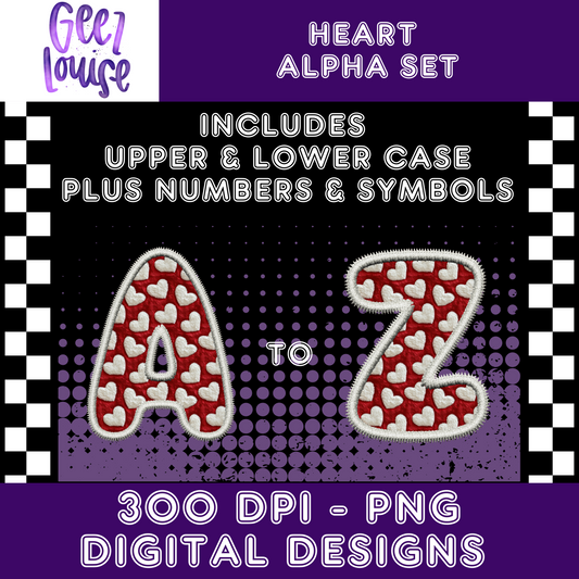 Heart - Valentine's - Faux Embroidery- Alpha Set- Digital Download- PNG