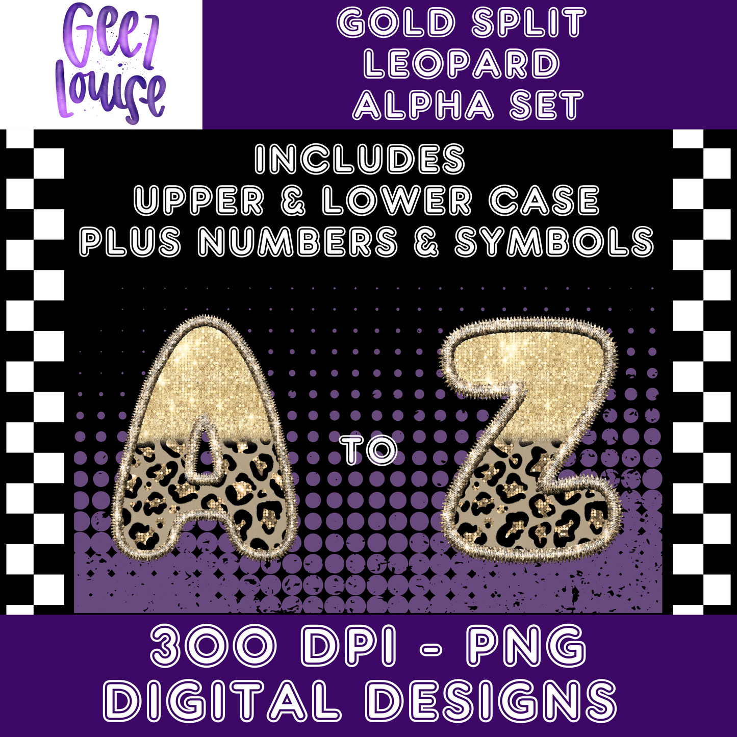 Gold Leopard - Faux Embroidery- Alpha Set- Digital Download- PNG