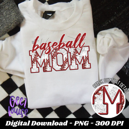 Baseball Mom - Faux sequin Embroidery - Digital Download- PNG