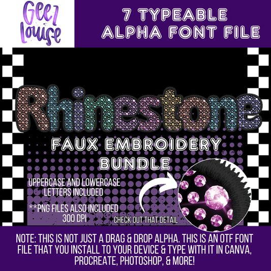 Rhinestone faux embroidery - TYPEABLE OTF Font - Alpha Set - Digital Download- PNG