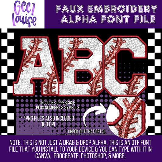 Faux sequin baseball faux embroidery - TYPEABLE OTF Font - Alpha Set - Digital Download- PNG