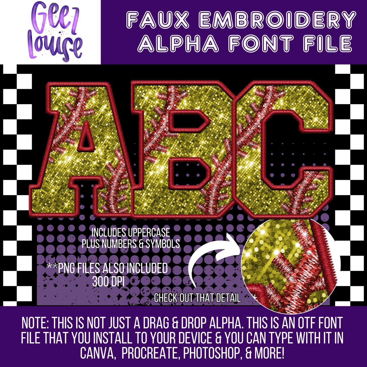 Faux sequin softball faux embroidery - TYPEABLE OTF Font - Alpha Set - Digital Download- PNG