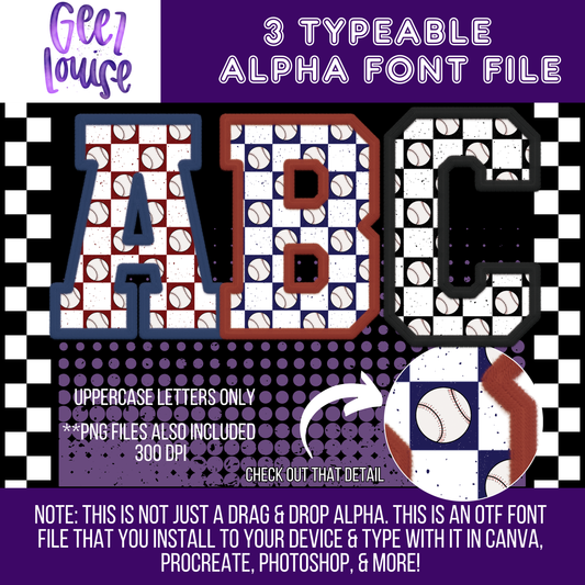 Checkered baseball faux embroidery - TYPEABLE OTF Font - Alpha Set - Digital Download- PNG