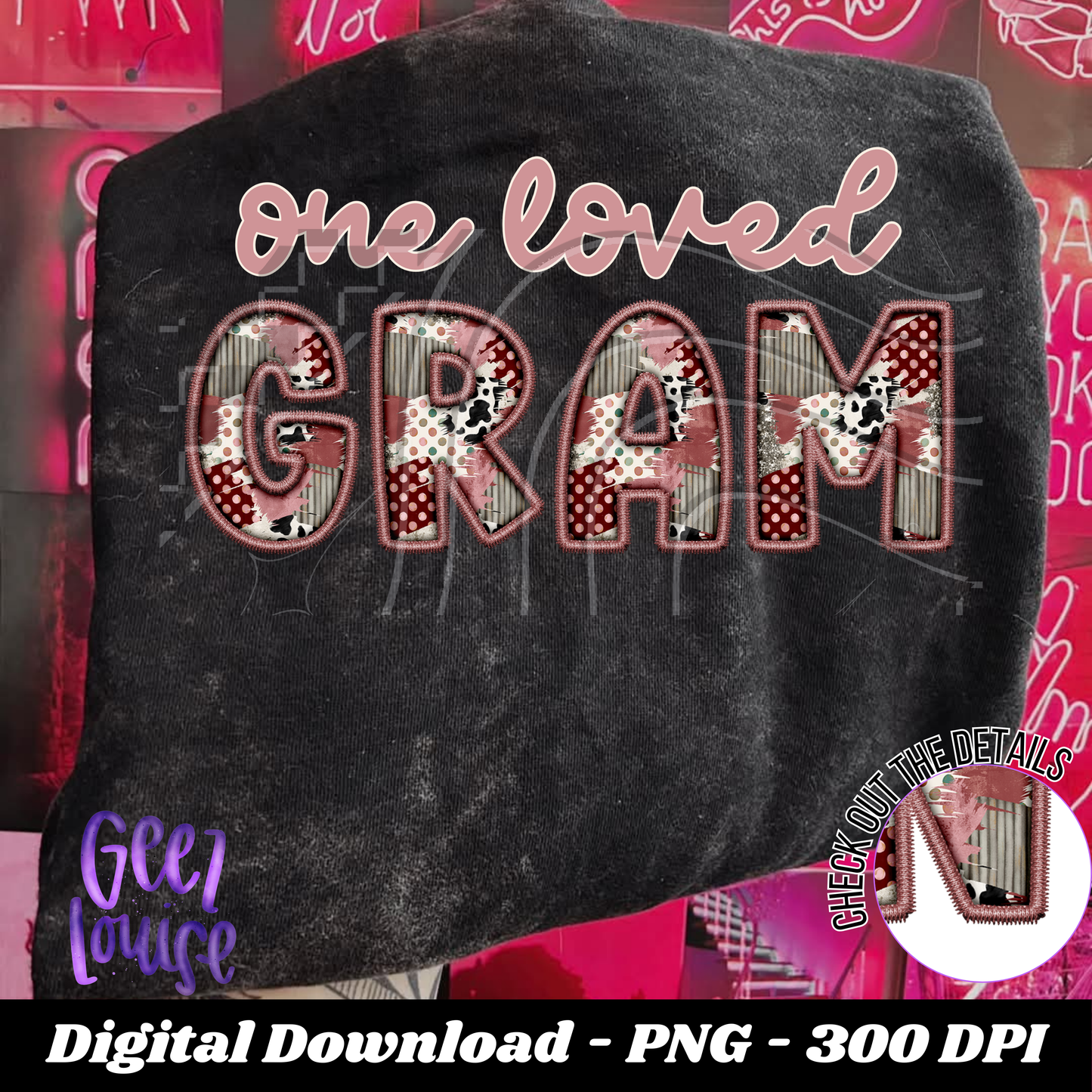 One Loved  Patchwork Faux Embroidery - Valentine - Digital Download- PNG