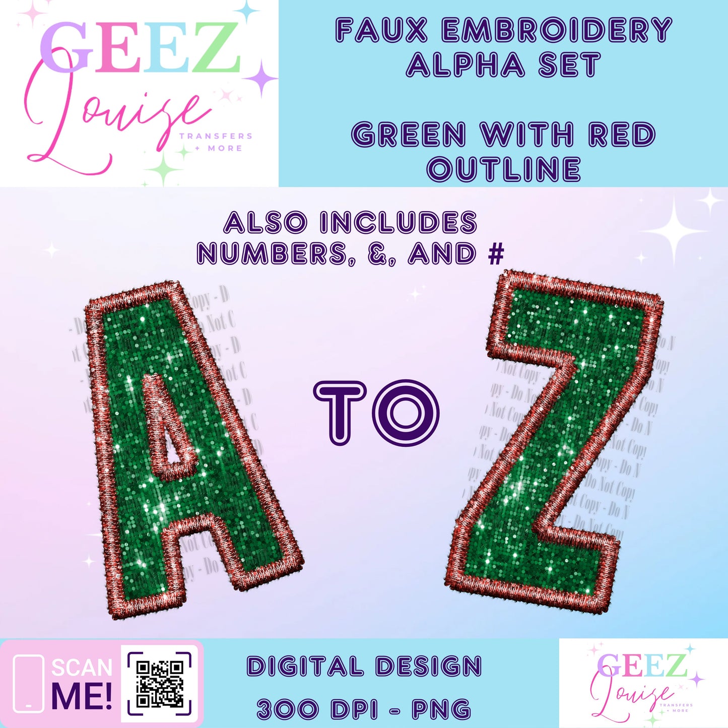 green with red two tone Sequin faux embroidery alpha set - Digital Download- PNG