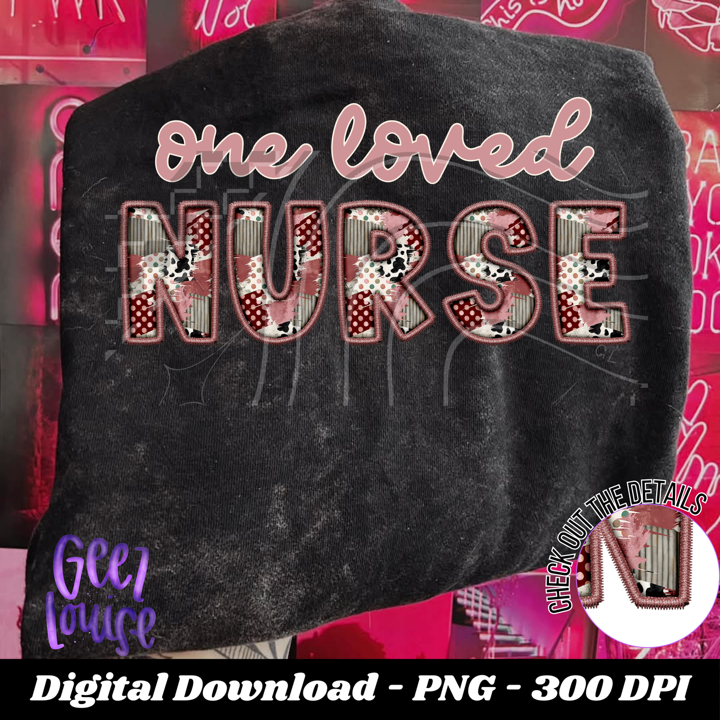 One Loved  Patchwork Faux Embroidery - Valentine - Digital Download- PNG