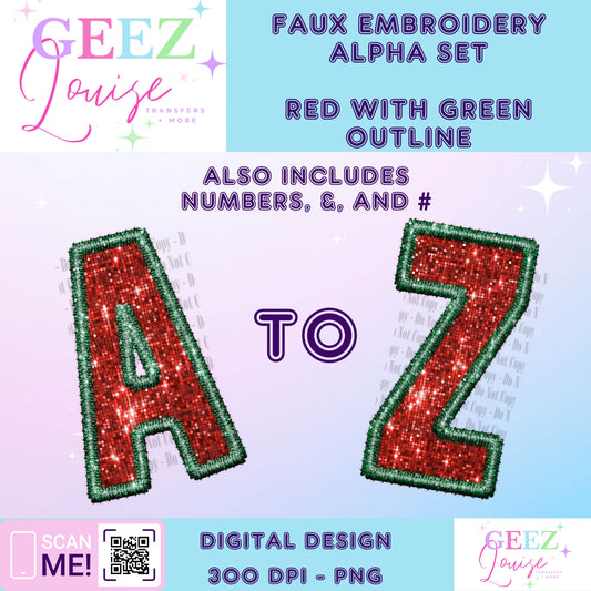 Red with Green two tone Sequin faux embroidery alpha set - Digital Download- PNG