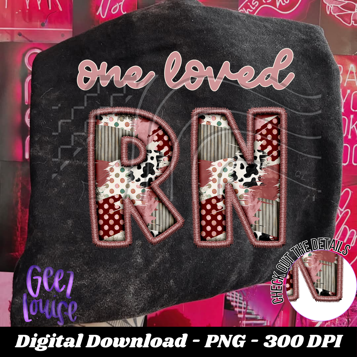 One Loved  Patchwork Faux Embroidery - Valentine - Digital Download- PNG