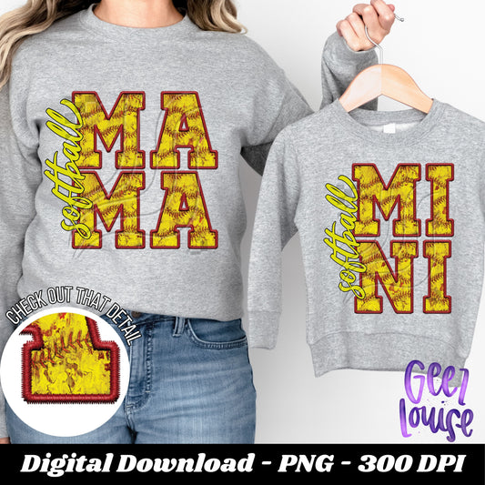 Mama or mini - softball - faux embroidery - Digital Download- PNG