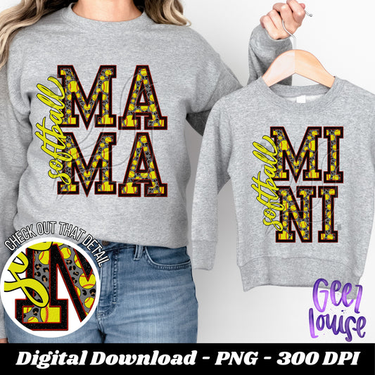 Mama or mini - softball - faux embroidery - Digital Download- PNG