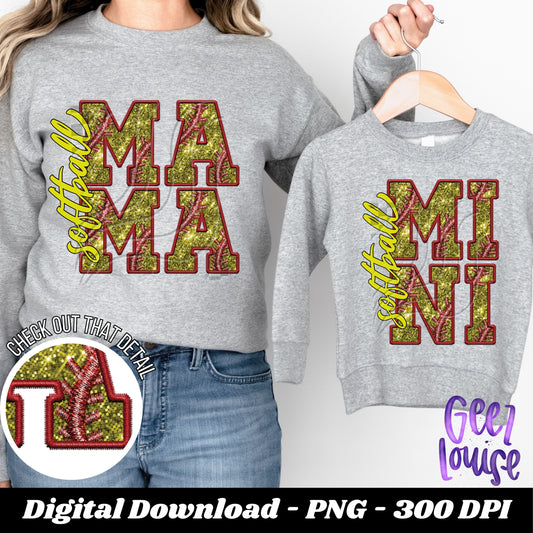 Mama or mini - softball - faux sequin embroidery - Digital Download- PNG