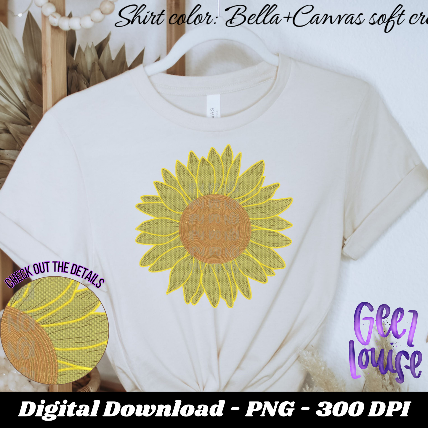 Faux embroidery sunflower - Digital Download- PNG